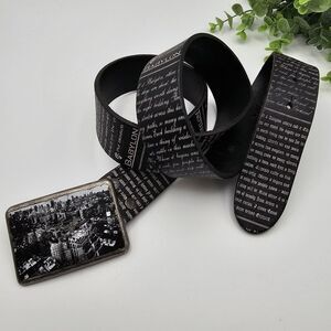 Express Babylon Belt Men's 36 Black Genuine Leather Allover White Script Casual